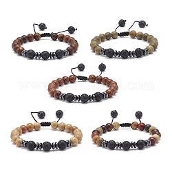 Bracelet de perles tressées en pierre de lave naturelle et bois, bijoux de pierres précieuses d'huile essentielle pour les femmes, couleur mixte, diamètre intérieur: 2-1/8~3-1/8 pouce (5.4~7.8 cm)
