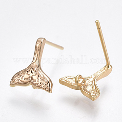 Brass Stud Earring Findings, with Loop, Mermaid Fishtail, Nickel Free, Real 18K Gold Plated, 10.5x9mm, Hole: 1mm, Pin: 0.8mm