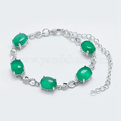 Natural Green Onyx Agate Link Chain Bracelets, with Brass Findings, Real Platinum Plated, Oval and Infinity, 5-3/4 inch~6 inch(14.5~15cm)