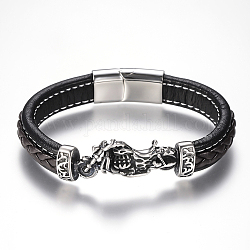 Bracelets de cordon en cuir tressé pour hommes, avec accessoires en 304 acier inoxydable et les fermoirs magnétiques, moto, noir, 8-5/8 pouce (220 mm), 12x7mm