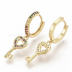 Orecchini a cerchio pendenti in zirconi colorati con micro pavè di zirconi colorati, chiave del cuore, vero placcato oro 16k, 32.5mm, ago :1x1mm