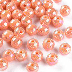 Perles acryliques opaques, de couleur plaquée ab , ronde, peachpuff, 10x9mm, Trou: 2mm, environ 940 pcs/500 g