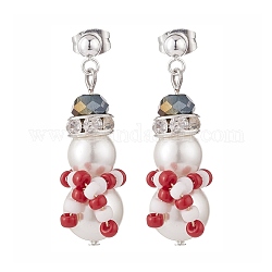 Boucles d'oreilles pendantes bonhomme de neige de Noël tressées en perles de coquillages et en verre, 304 bijoux en acier inoxydable pour femme, rouge, 34mm, pin: 0.8 mm