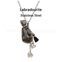 Natürliche Labradorit-Parfümflaschen-Anhänger-Halskette mit Edelstahl-Schmetterlingsblumen- und Quasten-Anhängern, Fläschchenschmuck mit ätherischen Ölen für Frauen, 18.11 Zoll (46 cm)