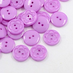 Acrylic Sewing Buttons for Clothes Design, Plastic Buttons, 2-Hole, Dyed, Flat Round with Flower Pattern, Medium Orchid, 16x3mm, Hole: 1mm