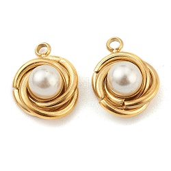 304 Stainless Steel Charms, with White Plastic Imitation Pearl Beads, Vortex, Golden, 14x12x7mm, Hole: 1.6mm