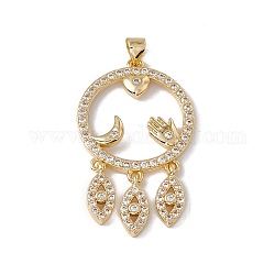 Brass Micro Pave Cubic Zirconia Pendants, Cadmium Free & Nickel Free & Lead Free, Rack Plating, Eye with Flat Round, Real 18K Gold Plated, 38x22.5x3mm, Hole: 3.5x5mm