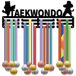 Estante de la pared de la exhibición del tenedor de la suspensión de la medalla del hierro de la moda, 3 línea, con tornillos, negro, taekwondo, forma de gato, 150x400mm, agujero: 5 mm