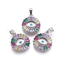 Brass Enamel Pendant, with Cubic Zirconia, Flat Round with Evil Eye, Colorful, Platinum, 18x15.5x3mm, Hole: 4x5mm