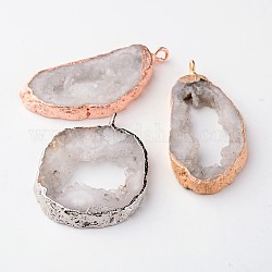Natural Geode Agate Druzy Slice Pendants, Nuggets, with Brass Findings, Mixed Color, 18~48x28~70x6~9mm, Hole: 2mm