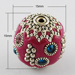 Handmade Indonesia Beads, with Alloy Cores, Round, Antique Silver, Cerise, 15x15x15mm, Hole: 1mm