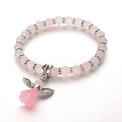Bracelets breloques acryliques tendance en quartz rose naturel, avec des perles en alliage de style tibétain, belle robe de mariée ange dangle, argent antique, 48mm