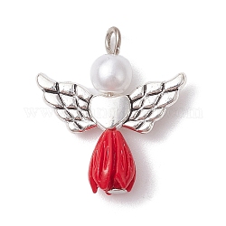 Pendenti di perle imitazione resina, Ciondoli di angelo rosa con ali di cuore in lega placcata argento antico, rosso, 23.5~24x21.5x7mm, Foro: 1.8~2.2 mm