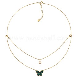 Doppellagige Halskette mit ovalem Anhänger aus natürlichem Malachit-Schmetterling und Zirkonia, 925 Charms-Armband-Halsketten-Schmuckset aus Sterlingsilber für Frauen, echtes 18k vergoldet, 15.35 Zoll (39 cm)