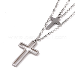 Collier double couche pendentif croix évidé en acier inoxydable avec chaînes câblées pour hommes femmes, couleur inoxydable, 15.55 pouce (39.5 cm)