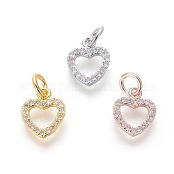 Brass Micro Pave Cubic Zirconia Charms, Lead Free & Cadmium Free, Clear, Heart, Mixed Color, 10.5x9x2mm, Hole: 3mm