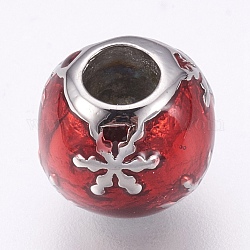 Perles européennes en 304 acier inoxydable, Perles avec un grand trou   , avec l'émail, Rondelles avec flocon de neige, couleur inoxydable, rouge foncé, 10.5x10mm, Trou: 4mm
