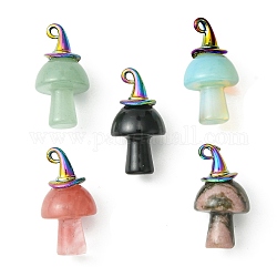 Colgantes mezclados de piedras preciosas, encantos de hongos, Con ganchos colgantes de sombrero de bruja de aleación chapados en color arcoíris, 31x16mm, agujero: 1.8 mm