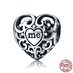 925 sterlina perline argento europeo, perline con foro grande, cuore con la parola me, argento antico, 12x12x8mm, Foro: 4.2~4.5 mm