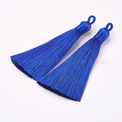 Décorations de gros pendentif pompon en nylon, bleu, 83~92x9~10mm, Trou: 1.5~4mm