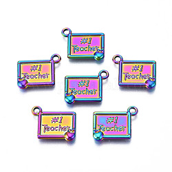 Rainbow Color Alloy Pendants for Teachers' Day, Cadmium Free & Lead Free, Rectangle with Word Teacher, 16.5x19x3mm, Hole: 2mm