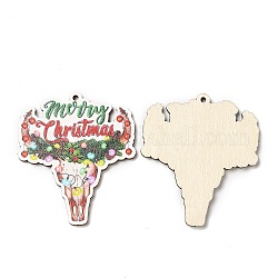Einseitige, große, weihnachtlich bedruckte Holzanhänger, Rinderkopf-Anhänger mit „Frohe Weihnachten“., Farbig, 55x47.5x2.5 mm, Bohrung: 2 mm