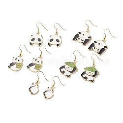 Aretes colgantes de esmalte de aleación de panda, joyas de latón para mujer, la luz de oro, color mezclado, 37.5~44mm, pin: 0.8 mm