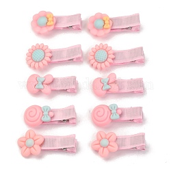 Iron Alligator Hair Clips Sets for Kids, with Cloth & Acrylic Cabochons, Flower & Sun Flower & Rabbit with Bowknot & Lollipop, Pink, 36~41x15~20x10mm, 10pcs/set