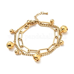 Bell and Round Ball Charm Multi-strand Bracelet, Vacuum Plating 304 Stainless Steel Double Layered Chains Bracelet for Women, Golden, 7-1/2 inch(19cm)