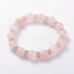 Valentine's Day Charming Natural Gemstone Beaded Stretch Bracelets, with Alloy Snowflake Beads, Rose Quartz, 56mm