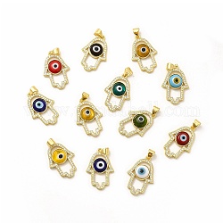 Rack Plating Brass Micro Pave Clear Cubic Zirconia Pendants, with Handmade Evil Eye Lampwork, Cadmium Free & Lead Free, Long-Lasting Real 18K Gold Plated, Hamsa Hand Charm, Mixed Color, 25.5x17x4mm, Hole: 5.5x3.5mm