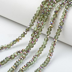 Placcare trasparente perle di vetro fili, la metà placcato oro rosa, sfaccettato, rondelle, verde giallo, 6x5mm, Foro: 1 mm, circa 85~88pcs/filo, 16.1~16.5 pollice (41~42 cm)