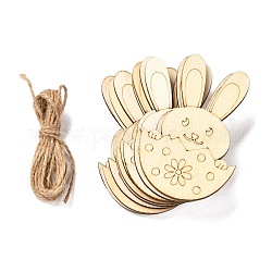 Bricolage artisanat pendentifs de découpes en forme d'oeuf de pâques, avec une corde de chanvre, lapin dans l'oeuf, burlywood, 8.4x5.5x0.2 cm, 10 pcs