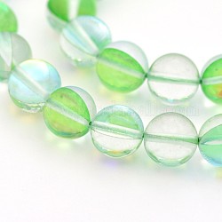 Fili di pietra lunare sintetica rotonda, perle olografiche, tinto, verde chiaro, 10mm, Foro: 1 mm, circa 36~39pcs/filo, 14~15 pollice
