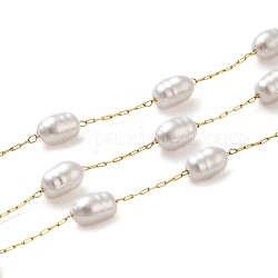 Cadenas de eslabones con cuentas de perlas de plástico ovaladas, con revestimiento de iones (ip) 304 cadena de clip de acero inoxidable, soldada, con carrete, dorado, 10x6mm, 2.5x0.8x0.2mm