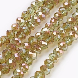 Electroplate Glass Beads Strands, Opalite, Half Rainbow Plated, Faceted, Rondelle, Dark Khaki, 6x4~5mm, Hole: 0.8~1mm, about 88~92pcs/strand, 15.5 inch~16 inch(39~45cm)
