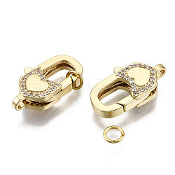 Brass Micro Pave Clear Cubic Zirconia Lobster Claw Clasps, with Jump Rings, Nickel Free, Heart, Real 16K Gold Plated, 21x12x6mm, Hole: 2mm, Jump Ring: 5x0.8mm, Inner Dameter: 3mm