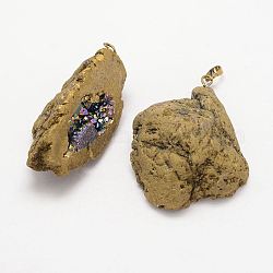 Electroplated Natural Geode Druzy Agate Big Pendants, with Brass Findings, Nuggets, Two Tone, Goldenrod, 45~70x21~50x21~28mm, Hole: 4x8mm
