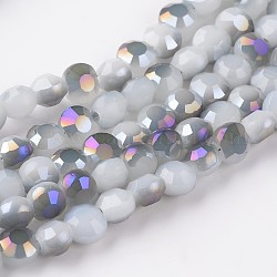 Fili di perle di vetro placcato, giada imitato, mezzo arcobaleno placcato, rotondo e piatto, sfaccettato, indaco, 5~6x4mm, Foro: 1 mm, circa 72pcs/filo, 15 pollice