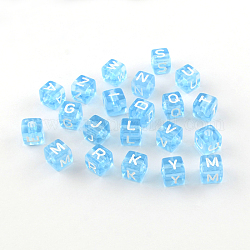 Transparentem Acryl europäischen Perlen, zufällige gemischte Buchstaben, horizontales Loch, großes Loch Würfel Perlen, Licht Himmel blau, 10x10x10 mm, Bohrung: 4 mm
