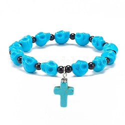 Natural Mashan Jade Skull Beaded Stretch Bracelet with Synthetic Turquoise(Dyed) Cross Charm, Gemstone Jewelry for Women, Cyan, Inner Diameter: 2-1/8 inch(5.5cm)