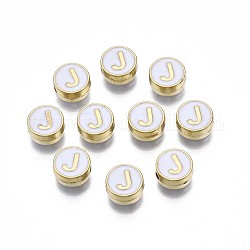 Perline smaltato in lega,  cadmio& piombo libero, oro chiaro, piatta e rotonda con l'alfabeto, bianco, letter.j, 8x4mm, Foro: 1.5 mm