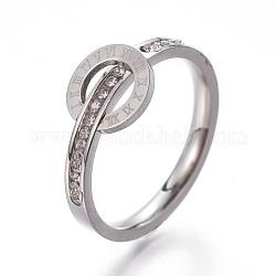 304 anelli in acciaio inox, con strass, rotonda e piatta con numeri romani, cirstallo, colore acciaio inossidabile, formato 6~9, 16~19mm