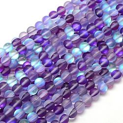 Chapelets de perles en pierre de lune synthétique, perles holographiques, demi couleur ab plaqué, mat, ronde, bleu violet, 8mm, Trou: 1mm, Environ 46 pcs/chapelet, 15 pouce