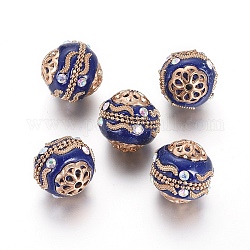 Handmade Indonesia Beads, with Rhinestone, Polymer Clay and Alloy Findings and Brass Chains, Round, Light Gold, Dark Blue, 18~19mm, Hole: 2mm