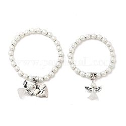 Beaux kits de bijoux d'ange de robe de mariage pour mère et fille, Bracelets élastiques, avec verre perles de nacre et de perles de style tibétain, blanc, 45 mm et 55 mm de diamètre intérieur