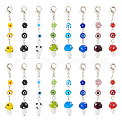 32Pcs 8 Colors Handmade Evil Eye Lampwork Pendant Decoration, Flower & Mushroom Charms, for Keychain, Purse, Backpack Ornament, Stitch Marker, Mixed Color, 75~78mm, 4pcs/color