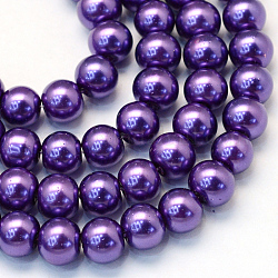 Cottura dipinto di perle di vetro perlato fili di perline rotondo, porpora, 8~9mm, Foro: 1 mm, circa 105pcs/filo, 31.4 pollice
