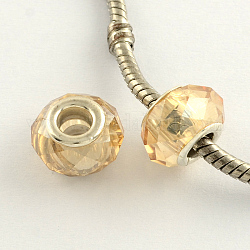Glass European Beads, Large Hole Beads with Brass Plating Silver Double Cores, Faceted, Rondelle, BurlyWood, 14x9mm, Hole: 5mm