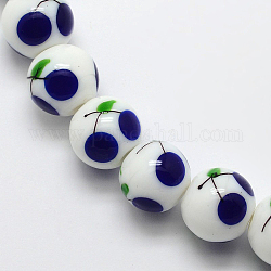 Cherry Pattern Handmade Lampwork Round Beads Strands, Dark Blue, 12mm, Hole: 1mm, about 28pcs/strand, 13.2inch